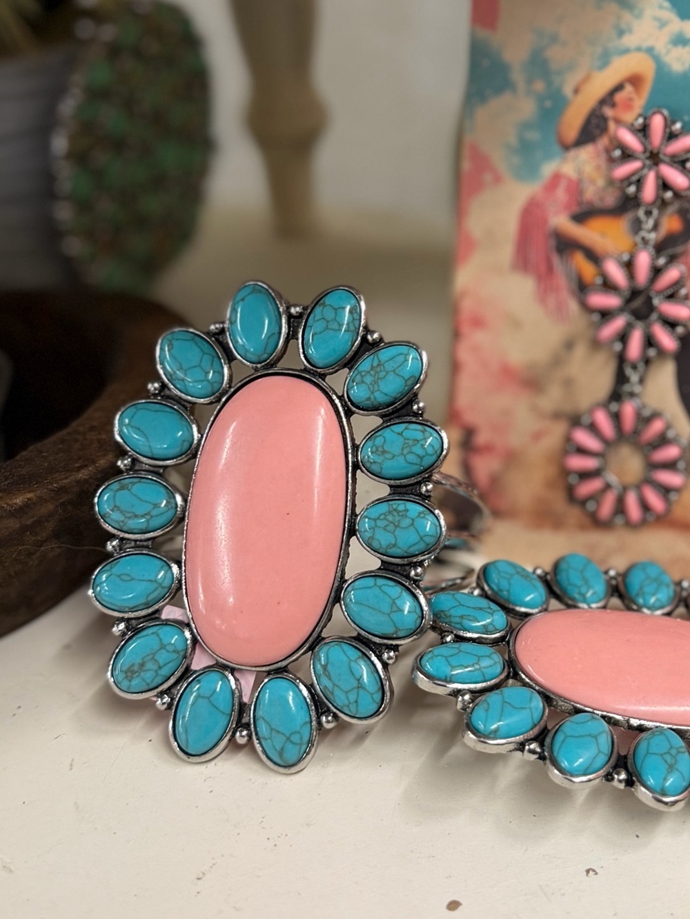 Pink and Turquoise Stone Cuff Statement Bracelet - Stylish Women’s Jewelry